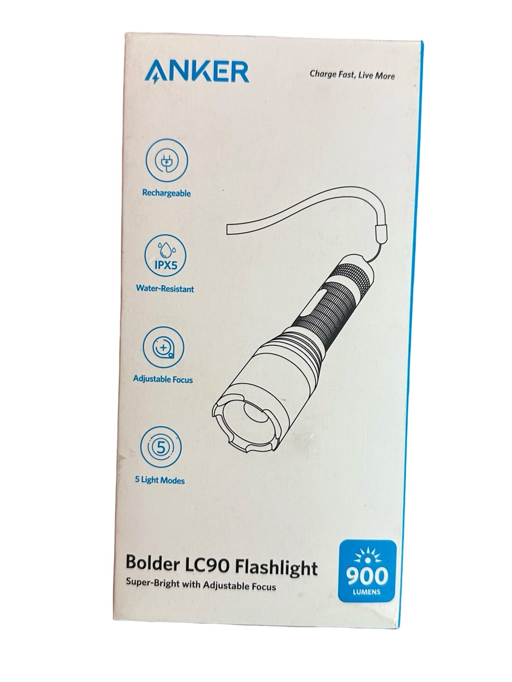 Anker LC90 Flashlight — 900 lm, Zoom, USB-C Rechargeable